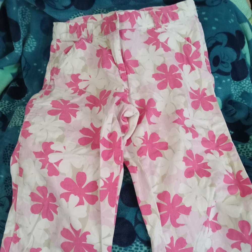 LL Bean Girls Floral Capri Pants Pink Tan and White Size 10 Cotton OAQQ3